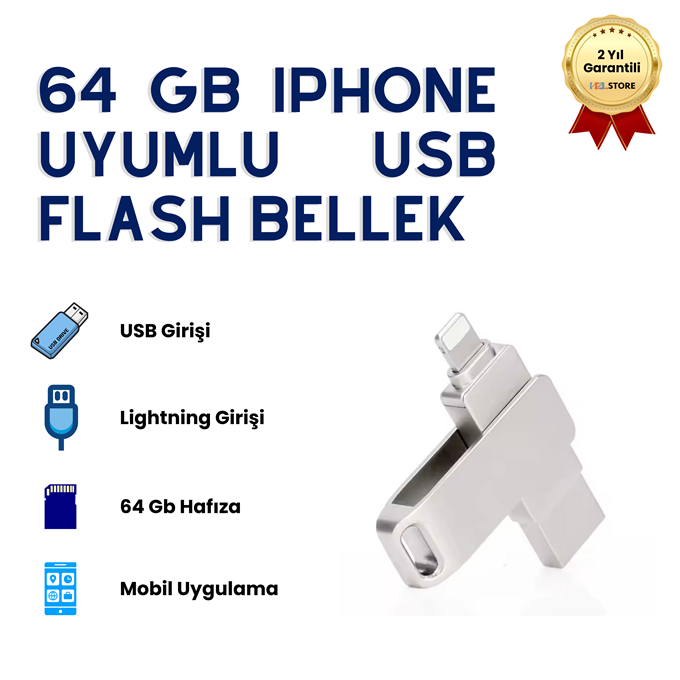 64GB iPhone Uyumlu USB Flash Bellek OTG Destekli Lightning ve USB Girişli Taşınabilir Hafıza