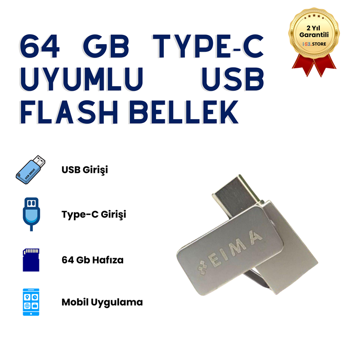 64GB Type-C USB Flash Bellek OTG Destekli Çift Girişli Taşınabilir Yüksek Hızlı Depolama