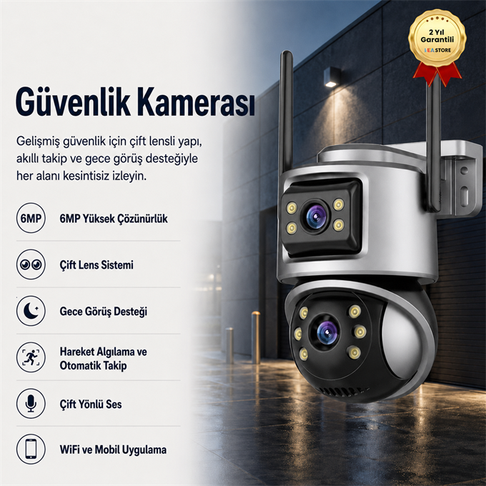 6MP Çift Lensli Mini PTZ WiFi Güvenlik Kamerası – Gece Görüşlü Hareket Takipli Akıllı Kamera