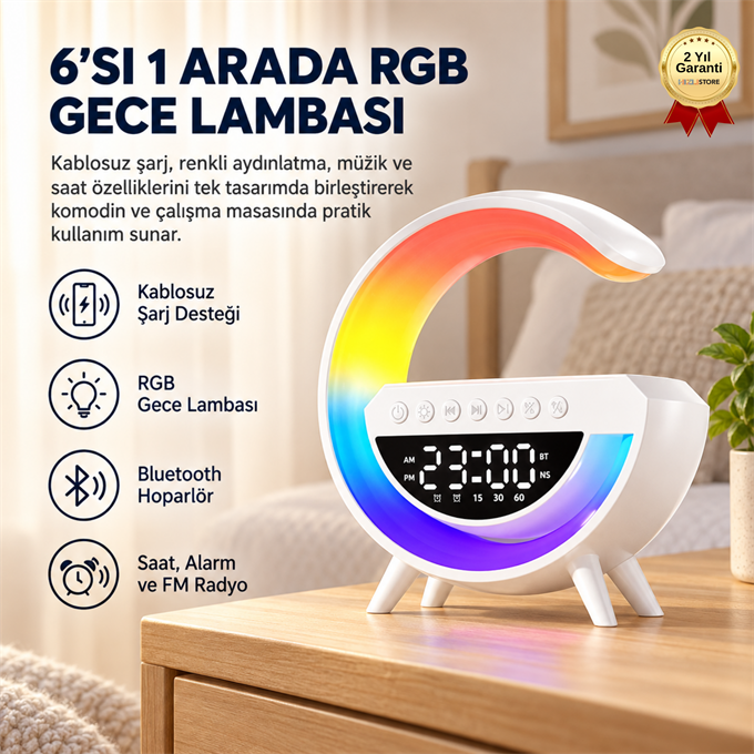 6sı 1 Arada Kablosuz Şarjlı RGB Gece Lambası Bluetooth Hoparlör ve Alarm Saat