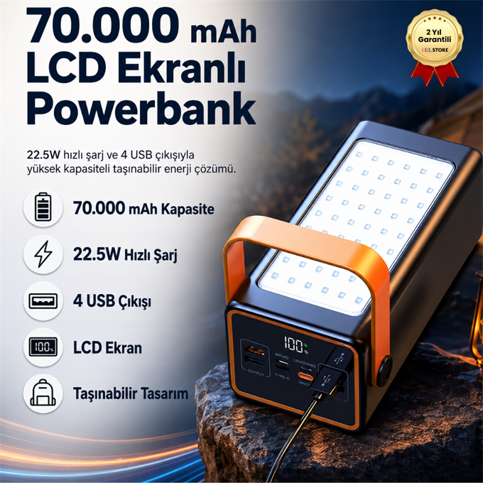 70.000mAh 22.5W Hızlı Şarjlı, 4 USB Çıkışlı, LCD Ekranlı Powerbank 