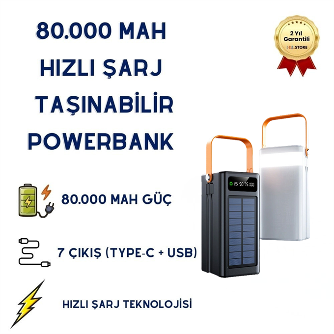 80.000 Mah Solar Güneş Enerjili Powerbank  Hızlı Şarj  Taşınabilir Aydınlatma  Çoklu Çıkış 