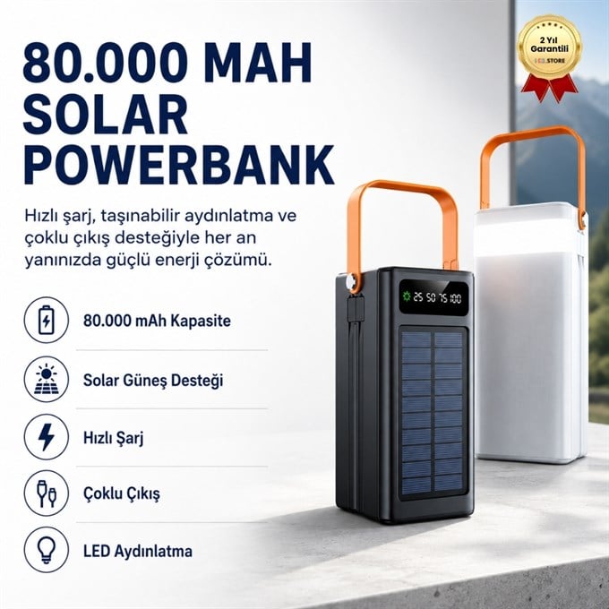 80.000 Mah Solar Güneş Enerjili Powerbank  Hızlı Şarj  Taşınabilir Aydınlatma  Çoklu Çıkış  