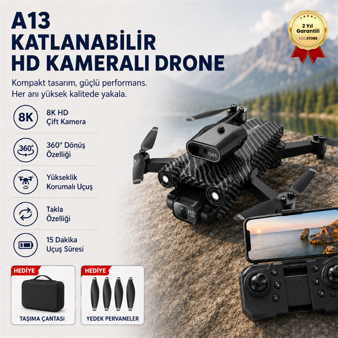 A13 Katlanabilir HD Kameralı Drone Yükseklik Korumalı 360° Dönüş Özellikli  Drone