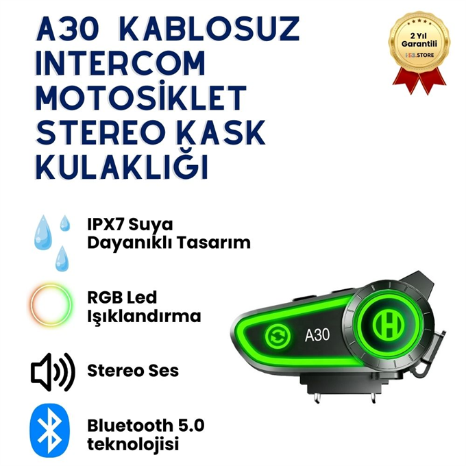 A30 IPX7 Su Geçirmez RGB Wireless Interkom Motor Motosiklet Stereo Kask Kulaklığı