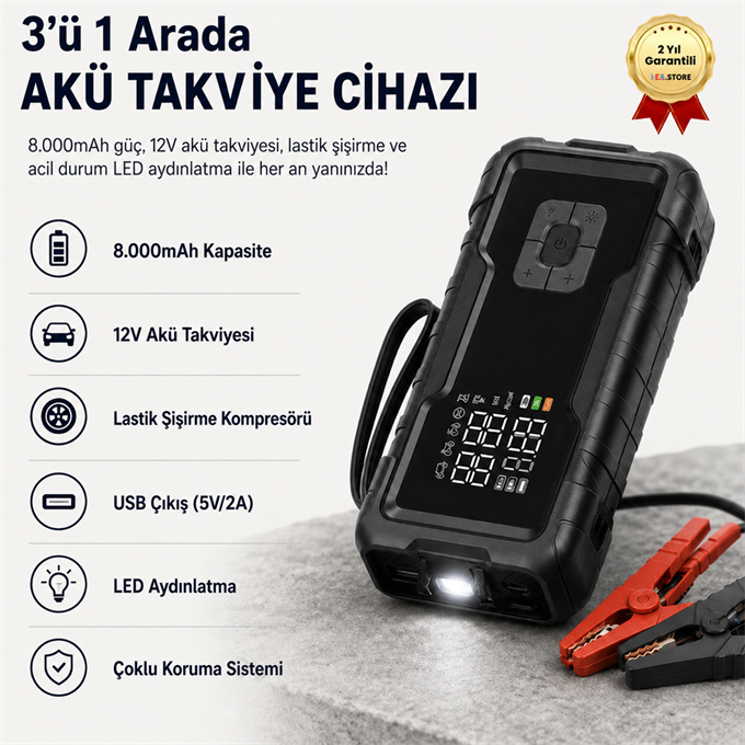  8.000mAh Akü Takviye Cihazı ve Lastik Hava Kompresörü Araç Şarj Takviye Pompası