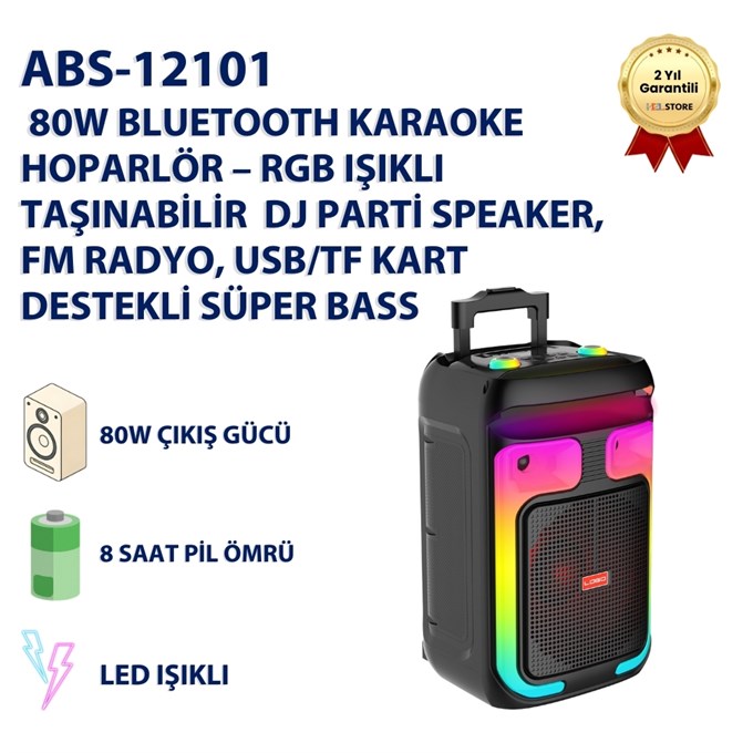 ABS-12101  80W Bluetooth Karaoke Hoparlör – RGB Işıklı Taşınabilir  DJ Parti Speaker, FM Radyo, USB/TF Kart Destekli Süper Bass