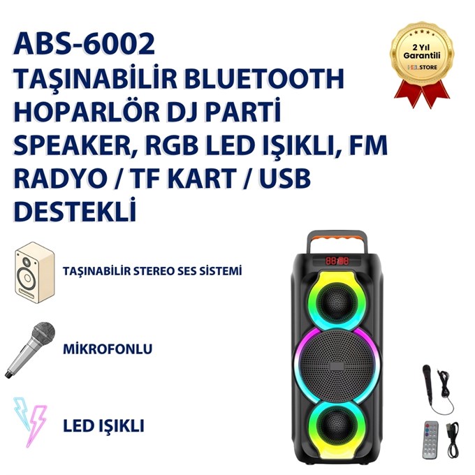 abs-6002 Taşınabilir Bluetooth Hoparlör DJ Parti Speaker, RGB LED Işıklı, FM Radyo / TF Kart / USB Destekli