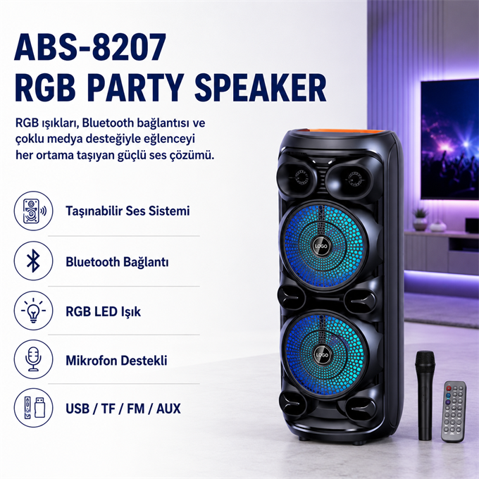ABS-8207  D28 RGB Işıklı Mikrofonlu Kumandalı USB/tf/BT/fm/aux Bluetooth Hoparlör Siyah 