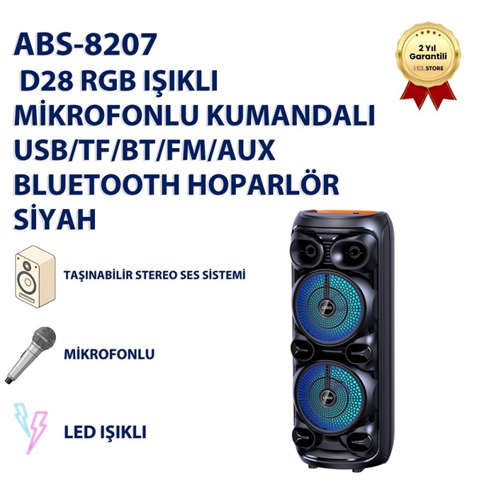 ABS-8207  D28 RGB Işıklı Mikrofonlu Kumandalı USB/tf/BT/fm/aux Bluetooth Hoparlör Siyah