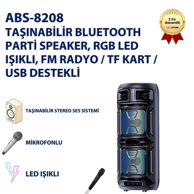 ABS-8208 Taşınabilir Bluetooth  Parti Speaker, RGB LED Işıklı, FM Radyo / TF Kart / USB Destekli