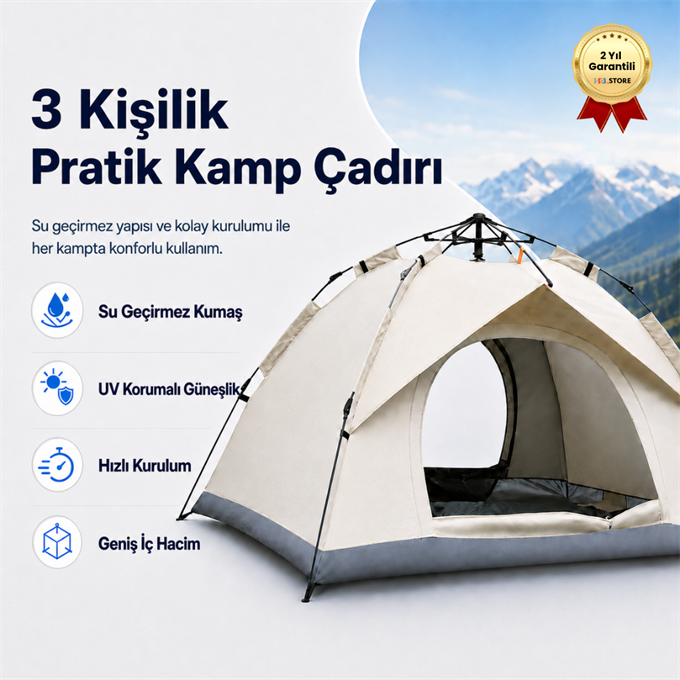 AC6634 Otomatik Kamp Çadırı 200x150x120 cm Çift Katmanlı 3 Saniyede Kurulum Su Geçirmez 3 Kişilik 