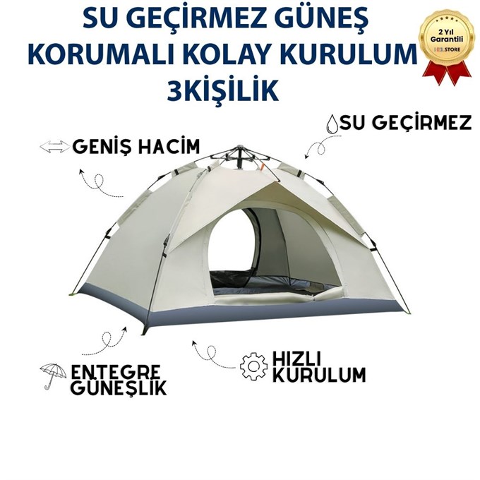 AC6634 Otomatik Kamp Çadırı 200x150x120 cm Çift Katmanlı 3 Saniyede Kurulum Su Geçirmez 3 Kişilik