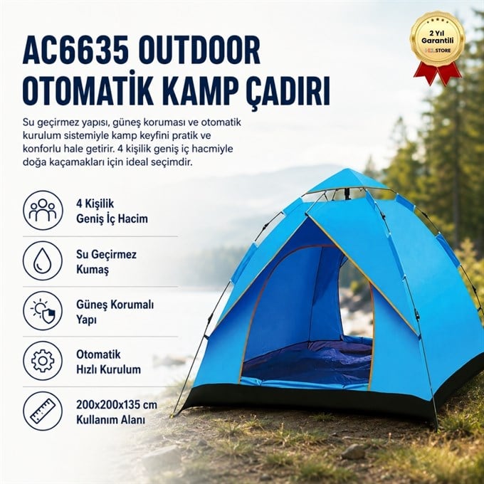 AC6635 Outdoor Otomatik Kamp Çadırı 200x200x135 cm Su Geçirmez Güneş Korumalı Kolay Kurulum 4 Kişilik