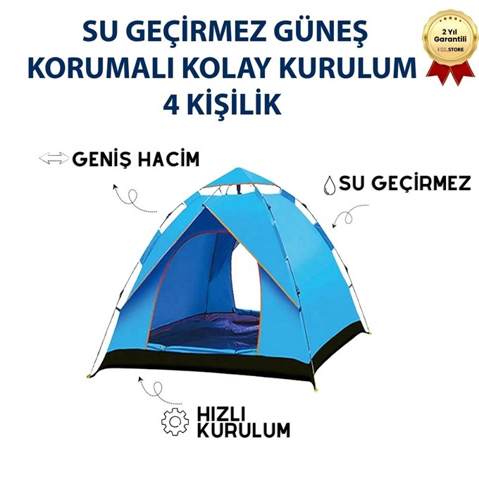 AC6635 Outdoor Otomatik Kamp Çadırı 200x200x135 cm Su Geçirmez Güneş Korumalı Kolay Kurulum 4 Kişilik