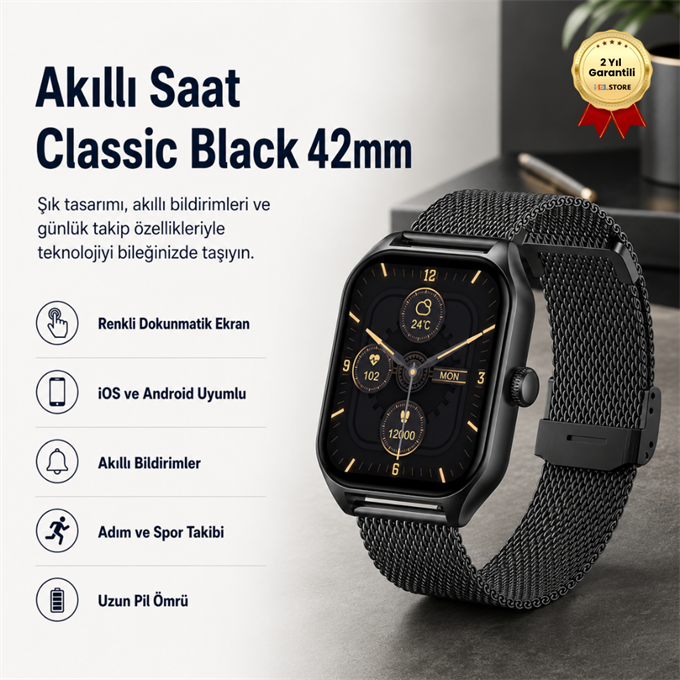 Akıllı Saat Classic Black 42mm - Çoklu Fonksiyonlu Kare Tasarım
