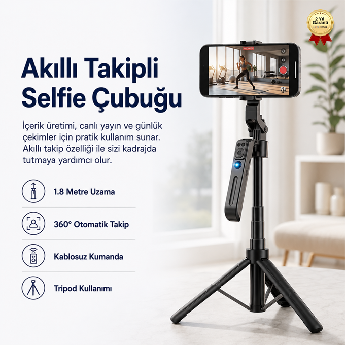 Akıllı Takipli Selfie Çubuğu 1.8 Metre 360° Döner Kumandalı Telefon Tripodu