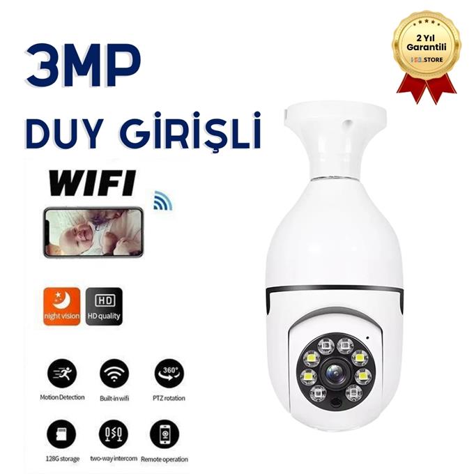 360 Derece Ampul Wifi IP Güvenlik Kamerası Duy Girişli Gece Görüşlü Hareket Sensörlü