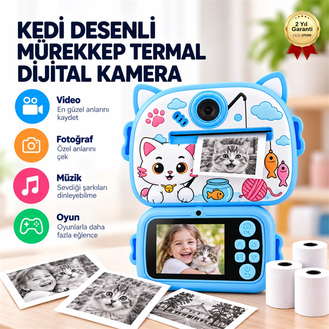 Anında Baskılı Çocuk Fotoğraf Makinesi ,Kedi Desenli, Mürekkepsiz Termal Baskılı Dijital Kamera 