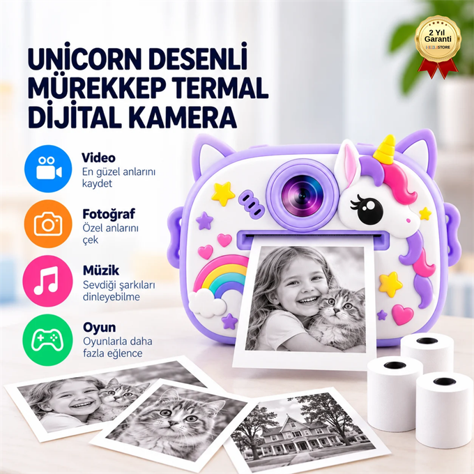 Anında Baskılı Çocuk Fotoğraf Makinesi,Unicorn Desenli,Termal Baskılı Dijital Kamera
