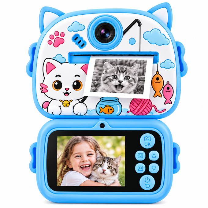 Anında Baskılı Çocuk Fotoğraf Makinesi ,Kedi Desenli, Mürekkepsiz Termal Baskılı Dijital Kamera 