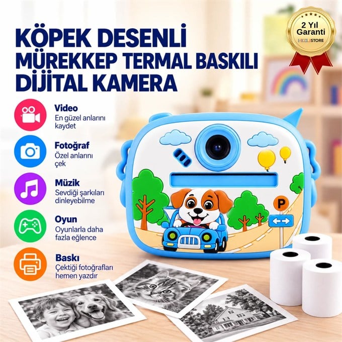 Anında Baskılı Çocuk Fotoğraf Makinesi, 1 Arada Video, Müzik Özellikli Köpek Desenli Kamera