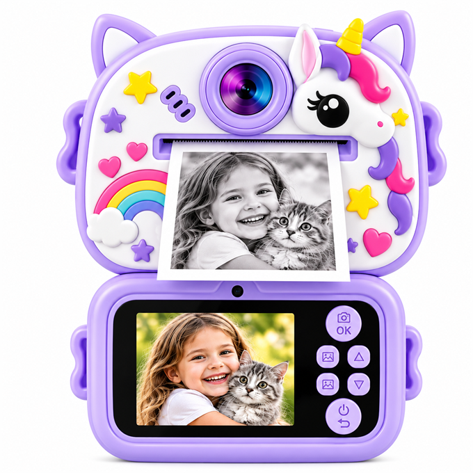 Anında Baskılı Çocuk Fotoğraf Makinesi,Unicorn Desenli,Termal Baskılı Dijital Kamera