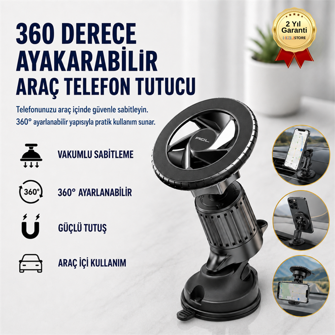 Araç Telefon Tutucu Vakumlu 360 Derece Ayarlanabilir Sabitlenebilir Telefon Aparatı