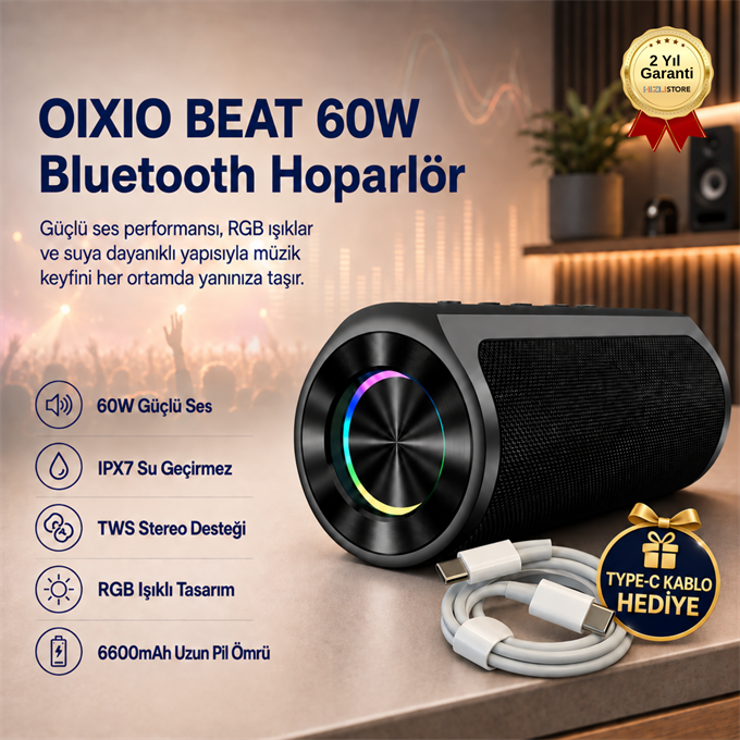 BEAT 60W Su Geçirmez ipx7 Bluetooth AUX Sd Card Usb Yüksek Ses Kaliteli Hoparlör RGB Speaker