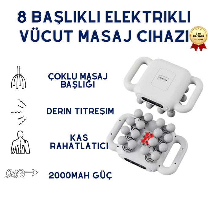 OUTLET/TEŞHİR Beyaz 2000mAh  8 Başlıklı Titreşimli Elektrikli Vücut Masaj Cihazı