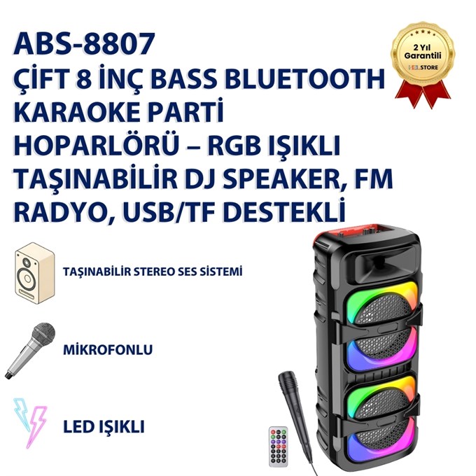 Çift 8 İnç Bass Bluetooth Karaoke Parti Hoparlörü – RGB Işıklı Taşınabilir DJ Speaker, FM Radyo, USB/TF Destekli