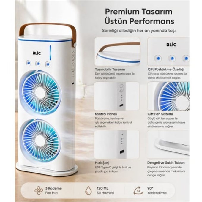 Çift Yönlü Spreyli Fan  120 ml Su Hazneli, 1800 mAh Bataryalı, 3 Kademeli Taşınabilir Serinletici Fan