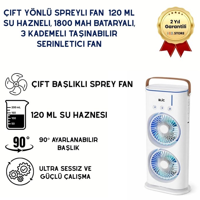 Çift Yönlü Spreyli Fan  120 ml Su Hazneli, 1800 mAh Bataryalı, 3 Kademeli Taşınabilir Serinletici Fan