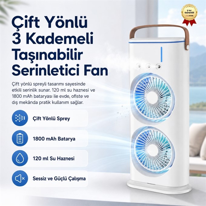 Çift Yönlü Spreyli Fan  120 ml Su Hazneli, 1800 mAh Bataryalı, 3 Kademeli Taşınabilir Serinletici Fan