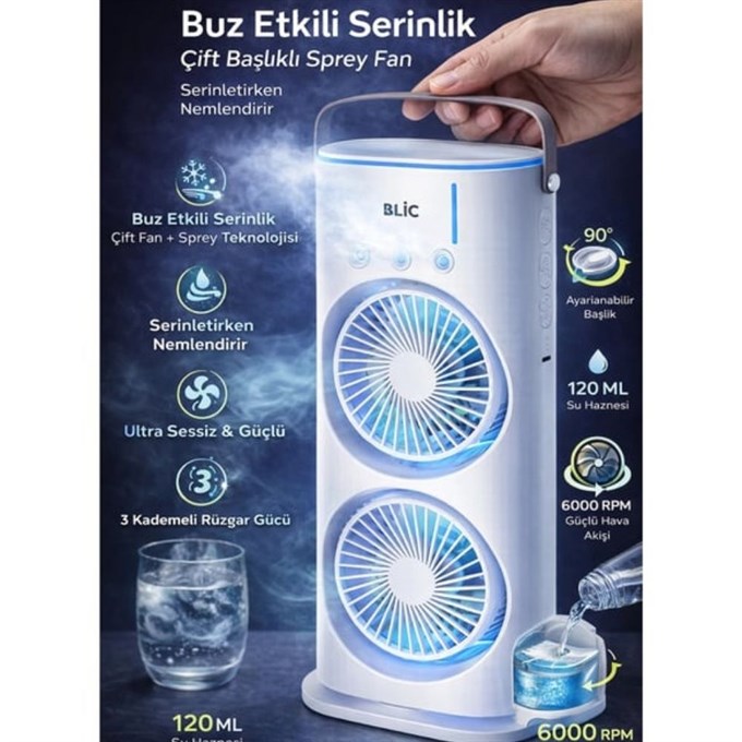Çift Yönlü Spreyli Fan  120 ml Su Hazneli, 1800 mAh Bataryalı, 3 Kademeli Taşınabilir Serinletici Fan