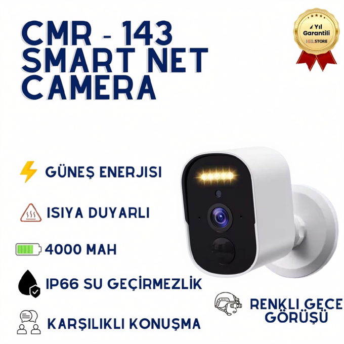 CMR-143 Solar Güneş Enerjili WiFi Güvenlik Kamerası - 4000mAh Bataryalı Kablosuz Dış Mekan Kamera (Renkli Gece Görüşlü)