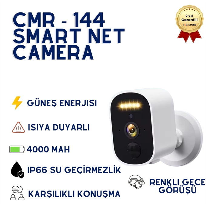 CMR-143 Solar Güneş Enerjili WiFi Güvenlik Kamerası - 4000mAh Bataryalı Kablosuz Dış Mekan Kamera (Renkli Gece Görüşlü)