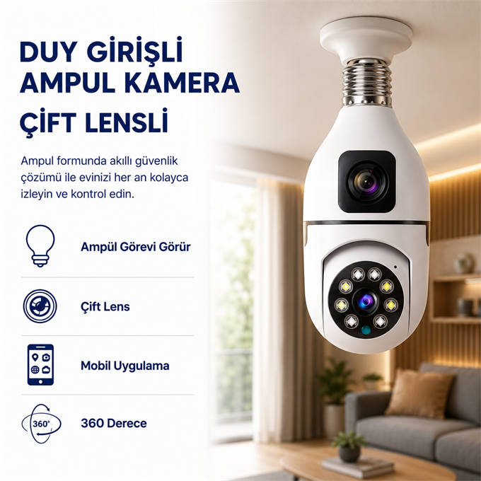 Çift Kameralı 4K Full HD Güvenlik Kamerası hareket Sensörlü, 360° Döner Başlıklı