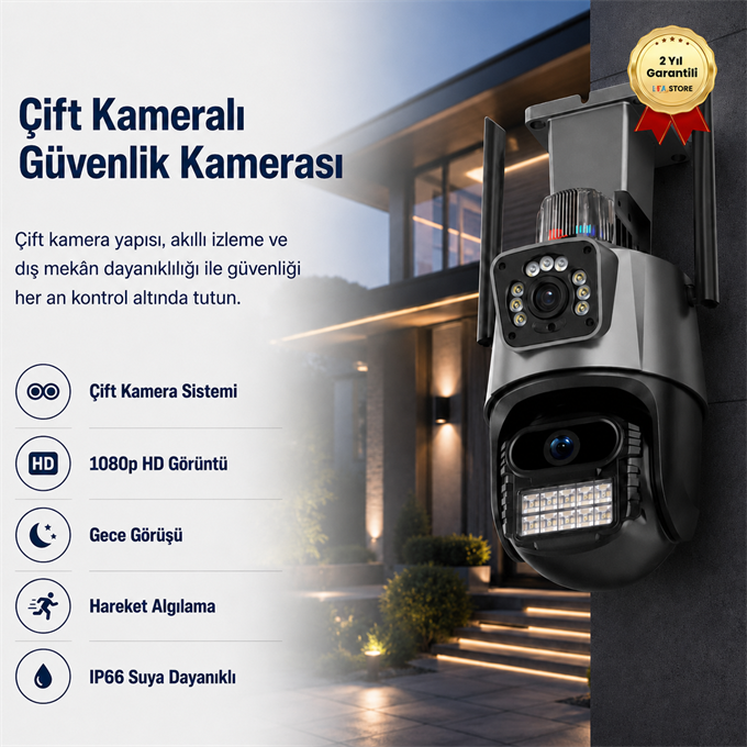 Çift Kameralı 8MP IP66 Su Geçirmez Dış Mekan Uyumlu Alarmlı Telefon Uygulamalı Güvenlik Kamerası
