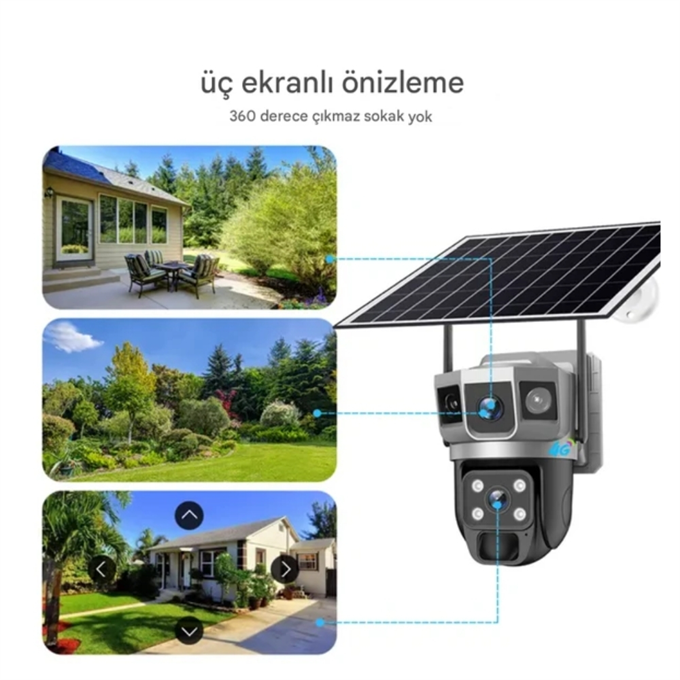 CMR-51 4G SIM Kartlı Solar Güvenlik Kamerası - Çift Lensli 360° Dönen Güneş Enerjili Kablosuz Dış Mekan Kamera (Wi-Fi Gerektirmez)