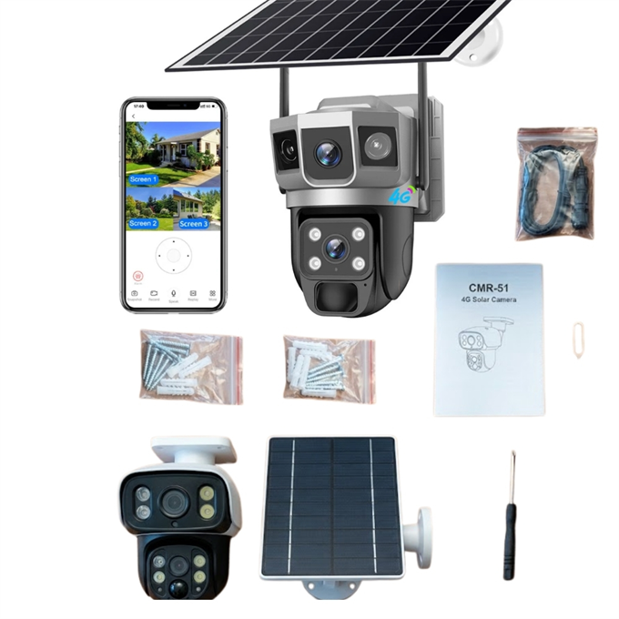 CMR-51 4G SIM Kartlı Solar Güvenlik Kamerası - Çift Lensli 360° Dönen Güneş Enerjili Kablosuz Dış Mekan Kamera (Wi-Fi Gerektirmez)