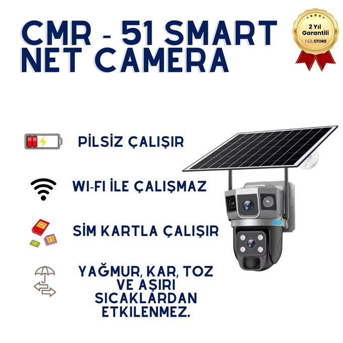 CMR-51 4G SIM Kartlı Solar Güvenlik Kamerası - Çift Lensli 360° Dönen Güneş Enerjili Kablosuz Dış Mekan Kamera (Wi-Fi Gerektirmez)