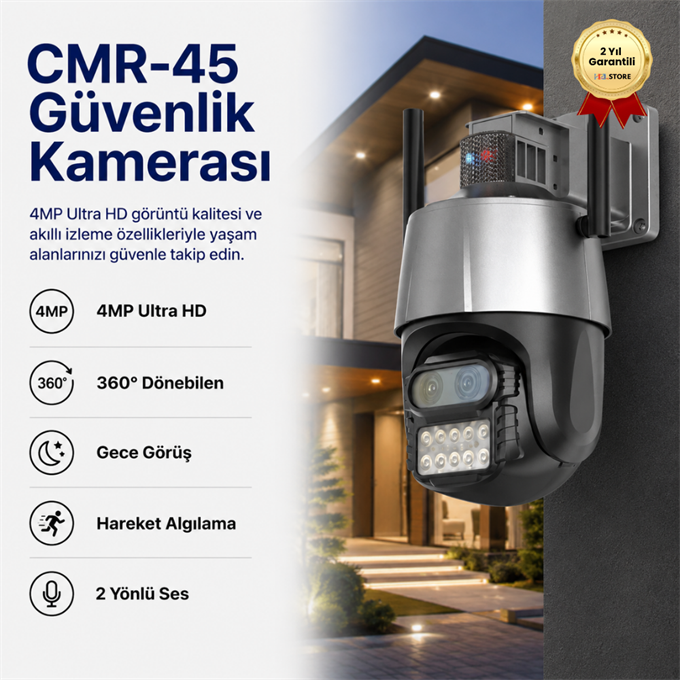 CMR45 4MP Ultra HD Kablosuz Güvenlik Kamerası, 360° Dönebilen Wi-Fi Kamera, Gece Görüş, Hareket Algılama, 2 Yönlü Ses, Uzaktan İzleme | HZLSTORE