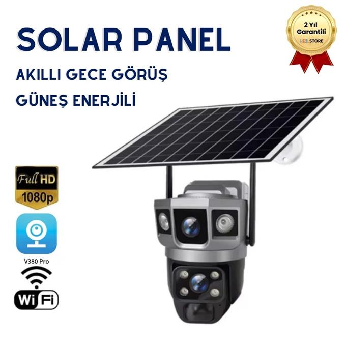 1080P 360 Derece Hareketli Güvenlik Kamera Sensörlü Dış Mekan Kullanımına ve Suya Dayanıklı Solar Panelli Güneş Enerjili IP Kamera