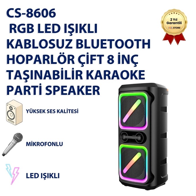 CS-8606    RGB LED Işıklı Kablosuz Bluetooth Hoparlör Çift 8 İnç Taşınabilir Karaoke Parti Speaker 