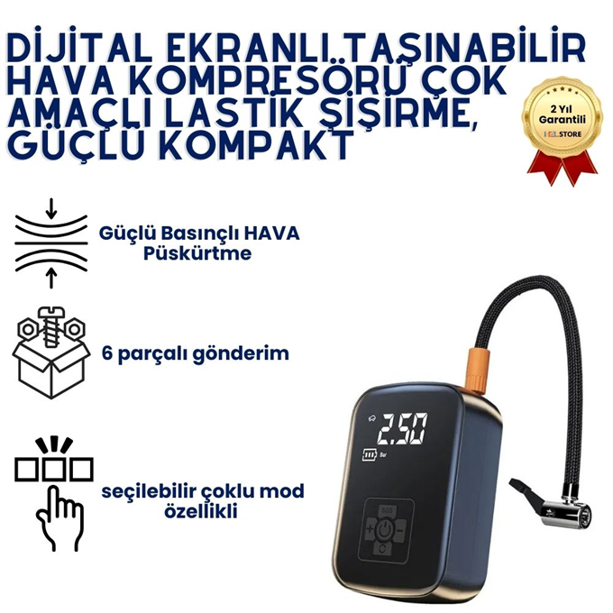 Dijital Ekranlı Taşınabilir Hava Kompresörü – Çok Amaçlı Lastik Şişirme, Güçlü Kompakt
