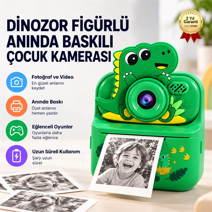 DİNOZOR FİGÜRLÜ ANINDA BASKILI ÇOCUK KAMERASI