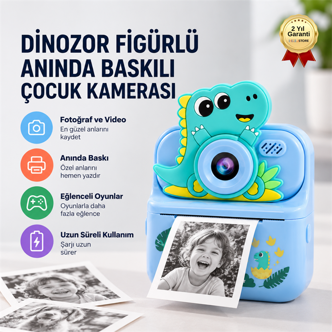 DİNOZOR FİGÜRLÜ ANINDA BASKILI ÇOCUK KAMERASI