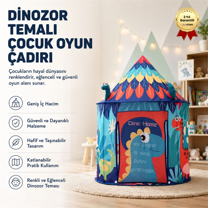 Dinozor Temalı Çocuk Oyun Çadırı Katlanabilir ve Taşınabilir