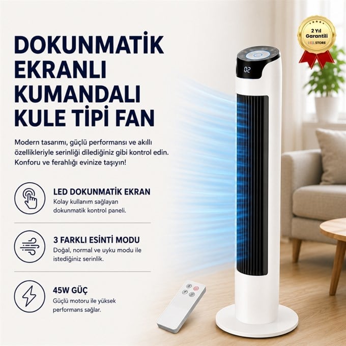Dokunmatik Ekranlı Kumandalı Kule Tipi Fan 43İNÇ 